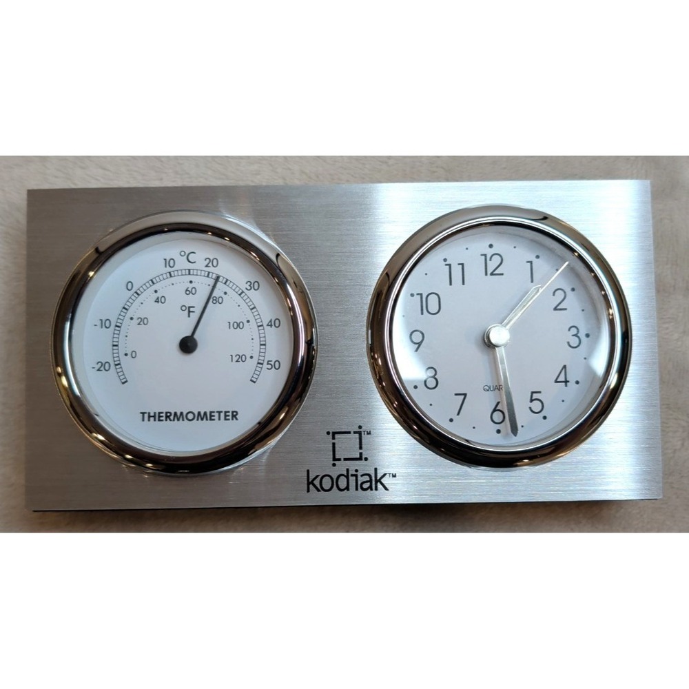 Kodiak Desk Clock Thermometer‎ Aluminum Dual Gauge Quartz Office Decor